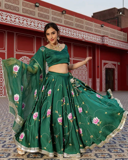 Green Color Satin Silk Print Semi Stitched Lehenga Choli