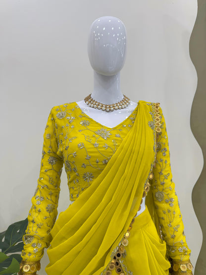 P.Green Georgette Stitched Ready To Wear Lehenga Saree