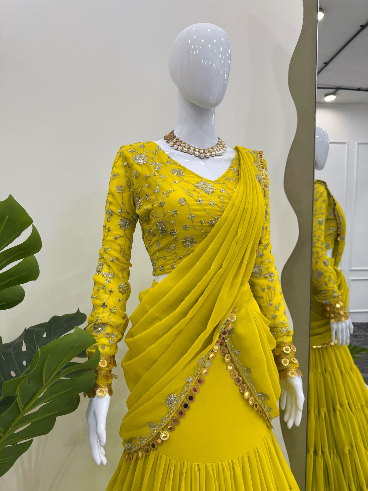 P.Green Georgette Stitched Ready To Wear Lehenga Saree