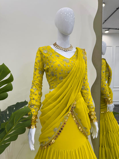 P.Green Georgette Stitched Ready To Wear Lehenga Saree