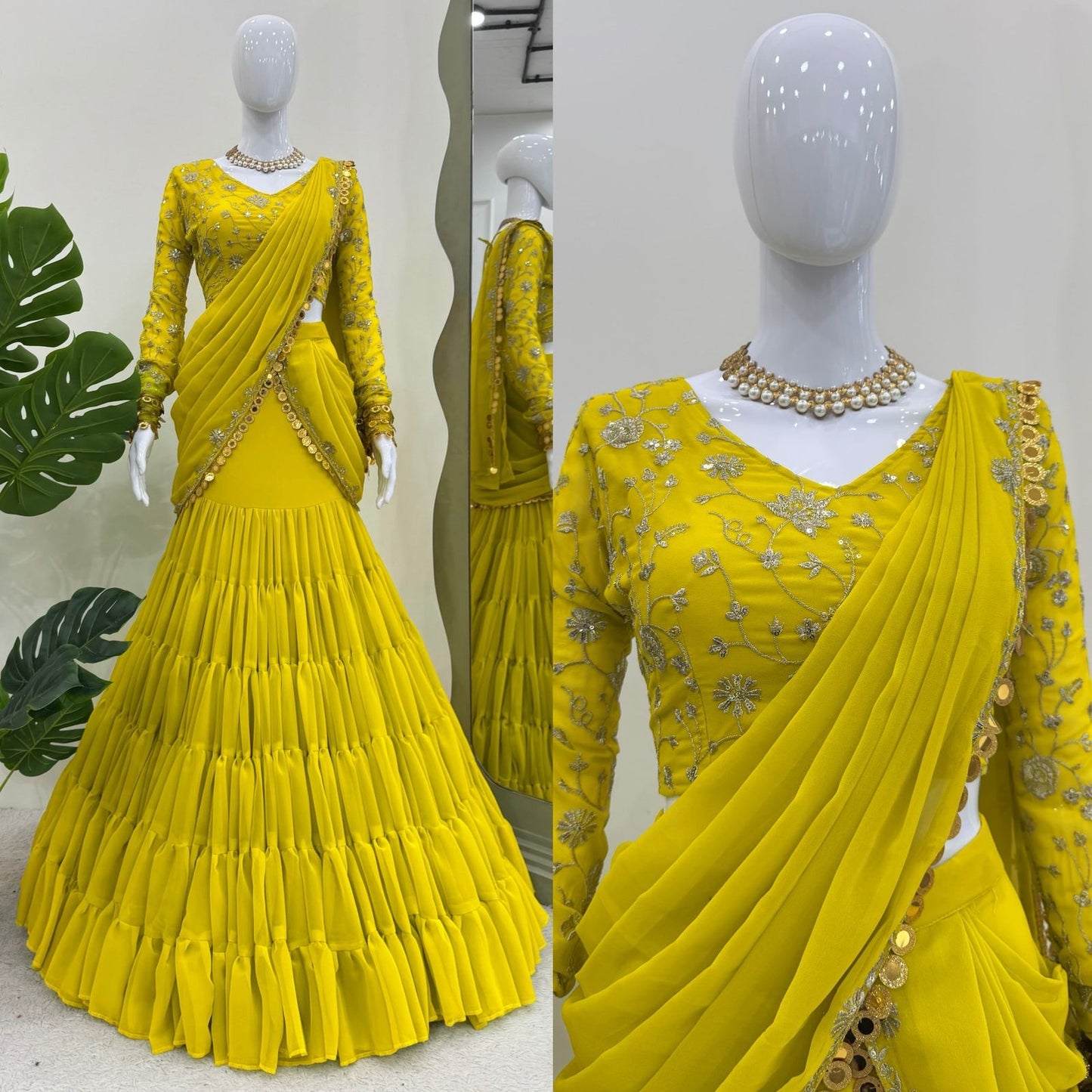 P.Green Georgette Stitched Ready To Wear Lehenga Saree