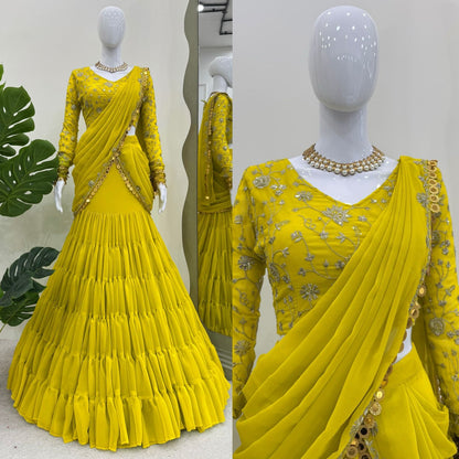 P.Green Georgette Stitched Ready To Wear Lehenga Saree