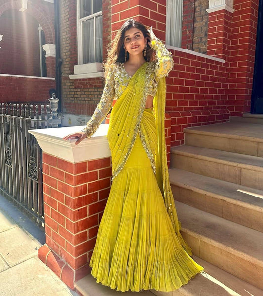 P.Green Georgette Stitched Ready To Wear Lehenga Saree