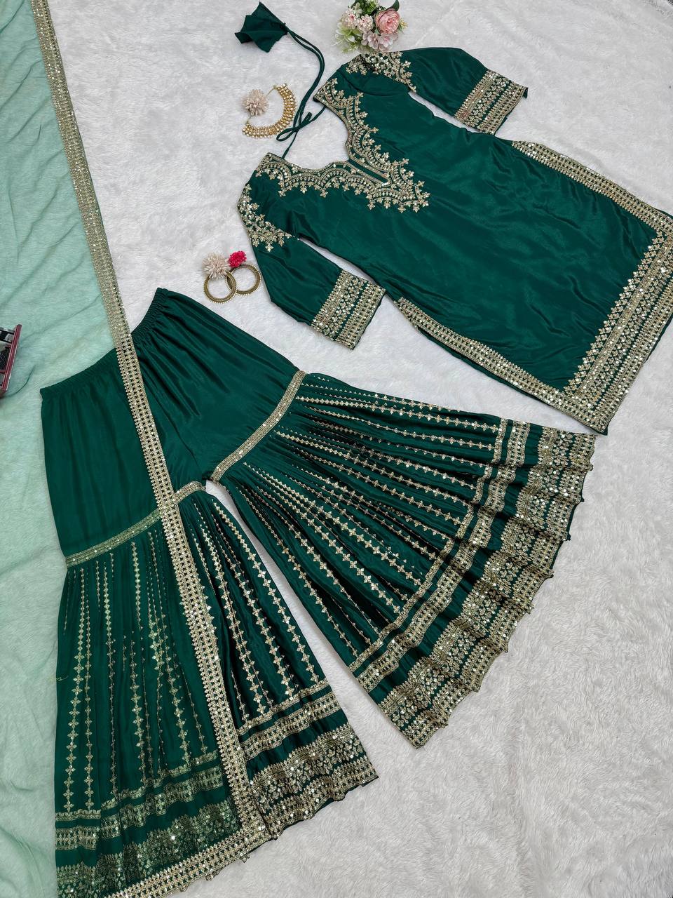 Green Silk Full Stitched Sharara Suit For Women