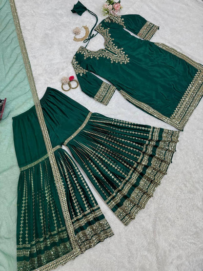Green Silk Full Stitched Sharara Suit For Women