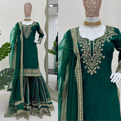 Green Silk Full Stitched Sharara Suit For Women