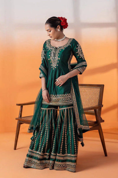 Green Silk Full Stitched Sharara Suit For Women