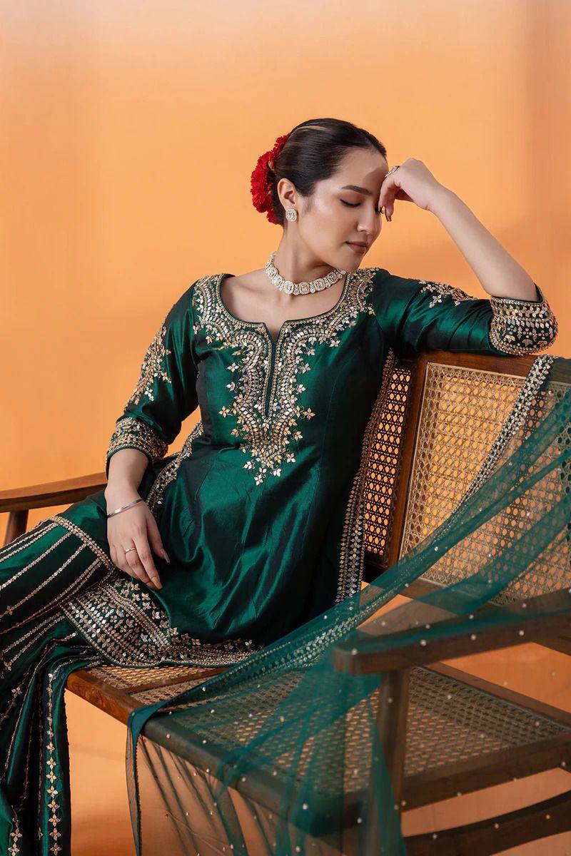 Green Silk Full Stitched Sharara Suit For Women