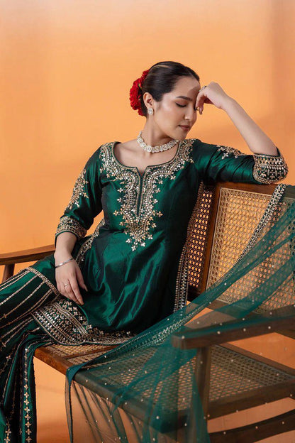 Green Silk Full Stitched Sharara Suit For Women