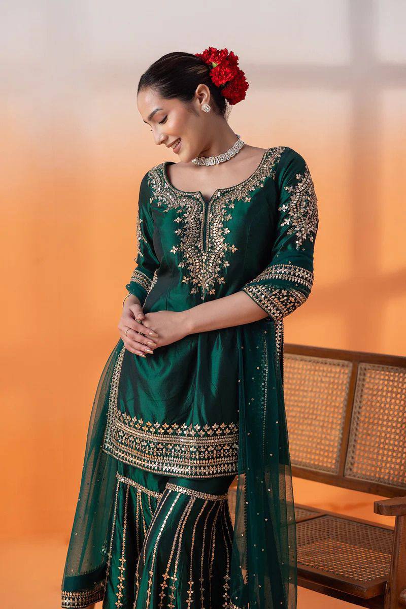 Green Silk Full Stitched Sharara Suit For Women