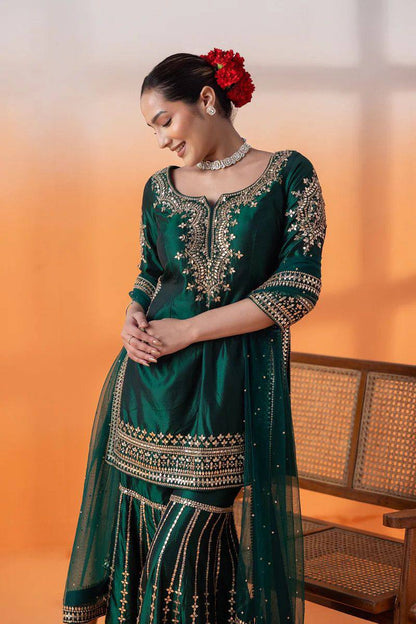Green Silk Full Stitched Sharara Suit For Women