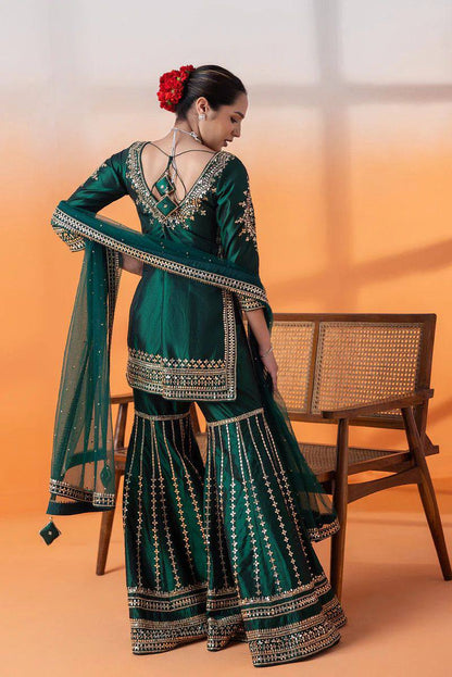 Green Silk Full Stitched Sharara Suit For Women