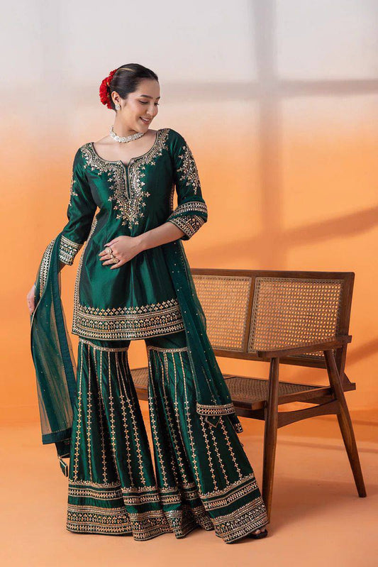 Green Silk Full Stitched Sharara Suit For Women