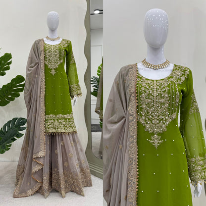 Parrot Green Georgette Full Stiched Sharara Suit