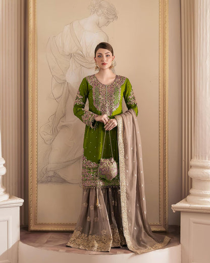 Parrot Green Georgette Full Stiched Sharara Suit