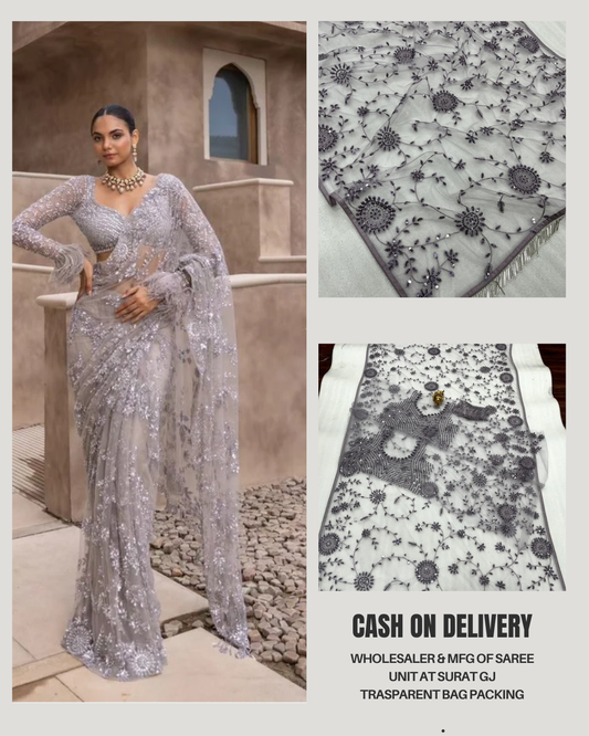 Wedding Wear Steel Grey Soft Net Sequence Work Saree
