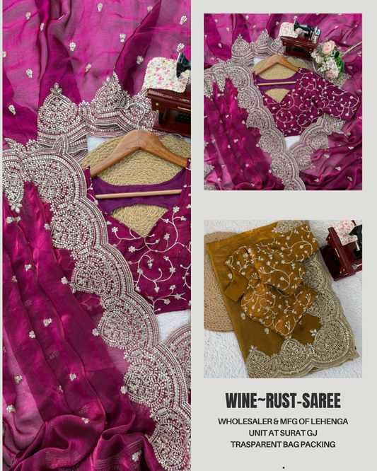 Party Wear Fendi Chiffon Silk Heavy Border Work Saree Blouse