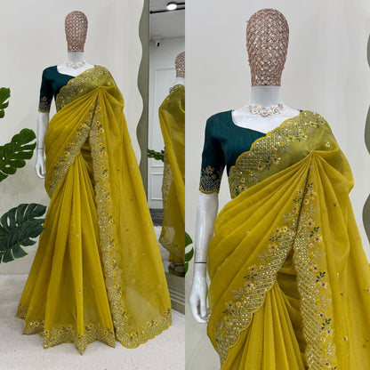 Wedding Wear Cruncy Silk Embroidered Border Work Saree