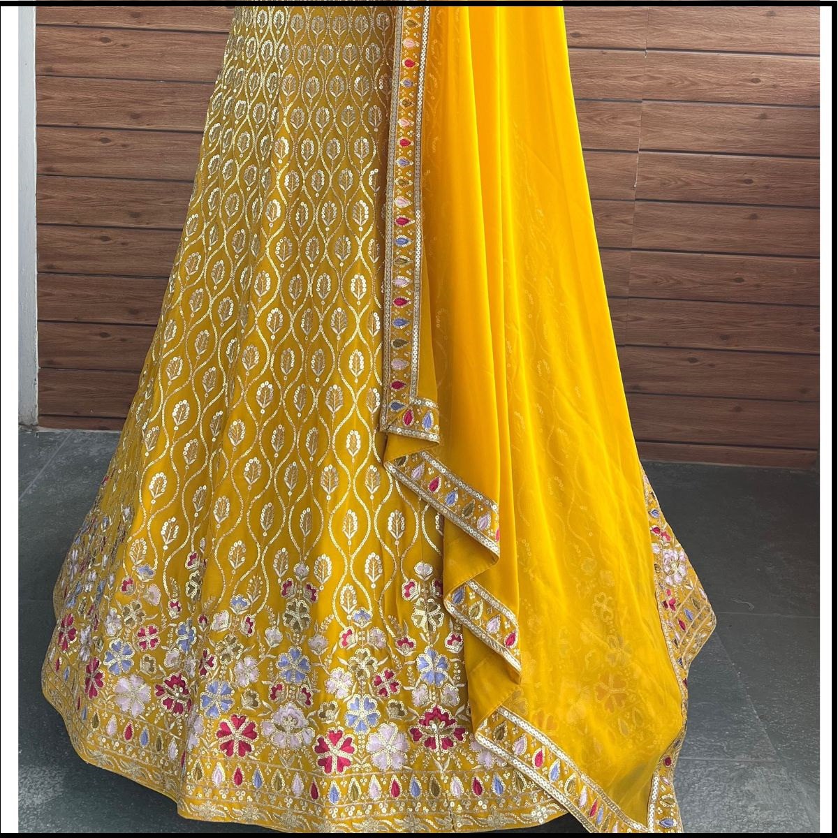 Yellow Color Embroidered Semi Stitched Lehenga Choli