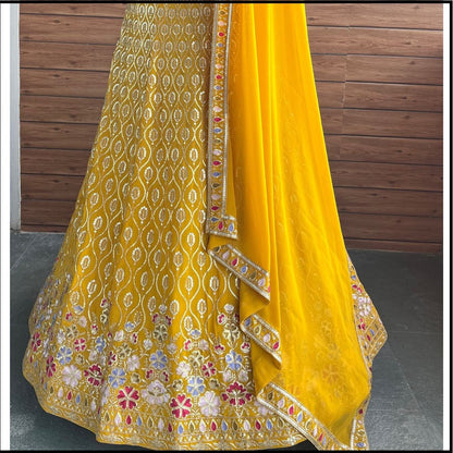 Yellow Color Embroidered Semi Stitched Lehenga Choli