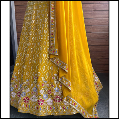 Yellow Color Embroidered Semi Stitched Lehenga Choli
