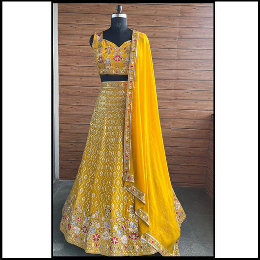 Yellow Color Embroidered Semi Stitched Lehenga Choli