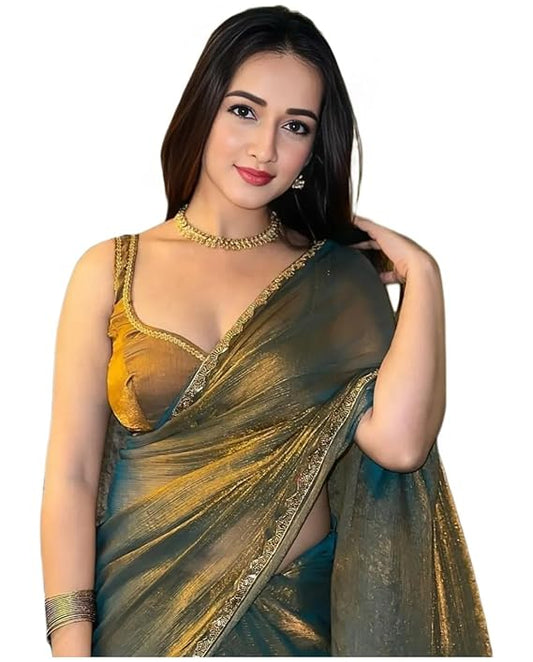 Fandy Jimmy Chu Silk Two Tone Saree With Handworked Lace
