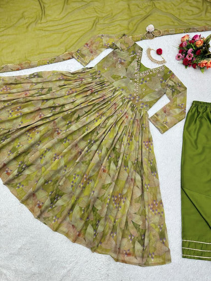 Mehndi Green Pure Georgette Handwork Readymade Suit Set For Any Girls Women