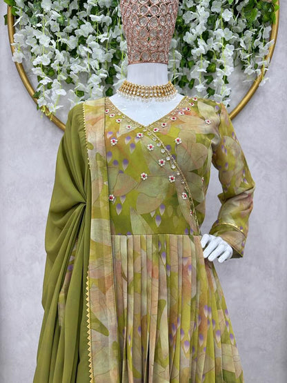 Mehndi Green Pure Georgette Handwork Readymade Suit Set For Any Girls Women