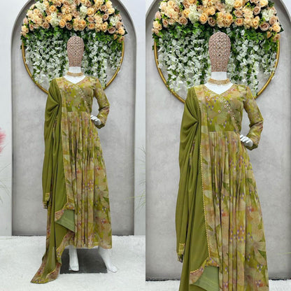 Mehndi Green Pure Georgette Handwork Readymade Suit Set For Any Girls Women