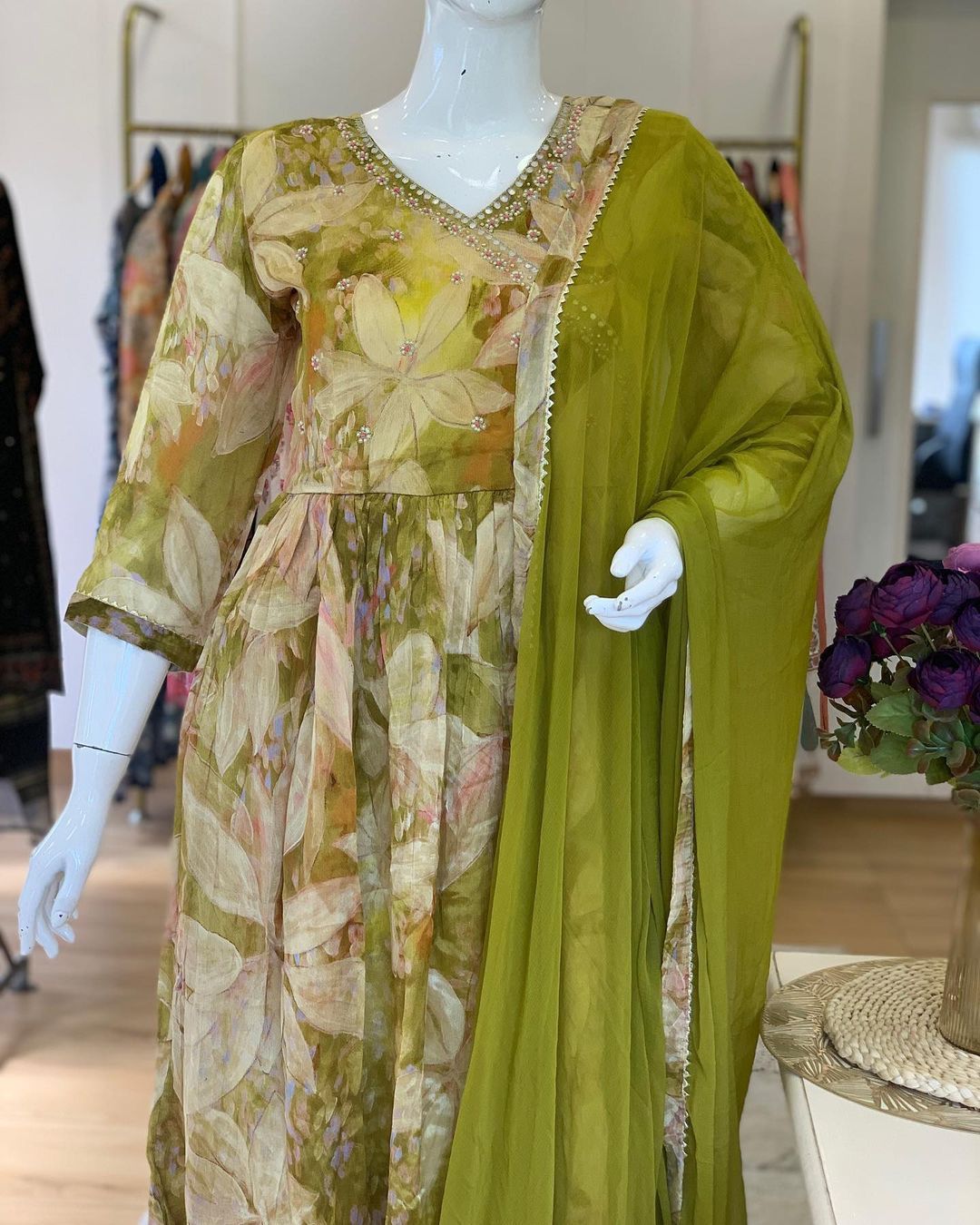 Mehndi Green Pure Georgette Handwork Readymade Suit Set For Any Girls Women