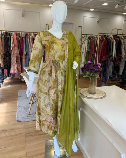 Mehndi Green Pure Georgette Handwork Readymade Suit Set For Any Girls Women