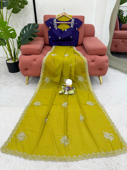 Mastard Chiffon Embroidered Saree Blouse