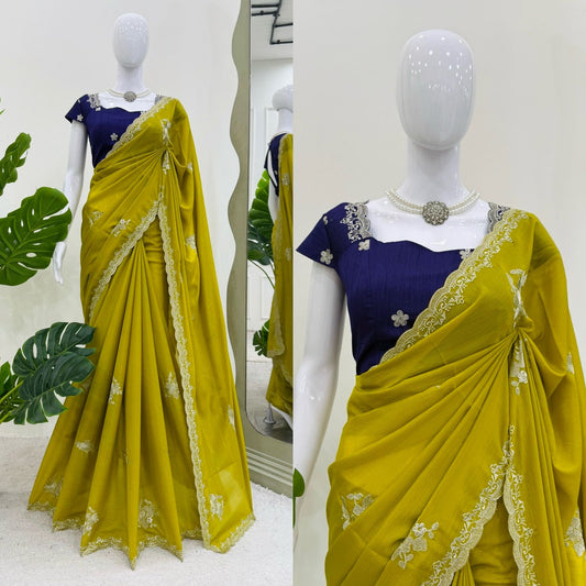Mastard Chiffon Embroidered Saree Blouse