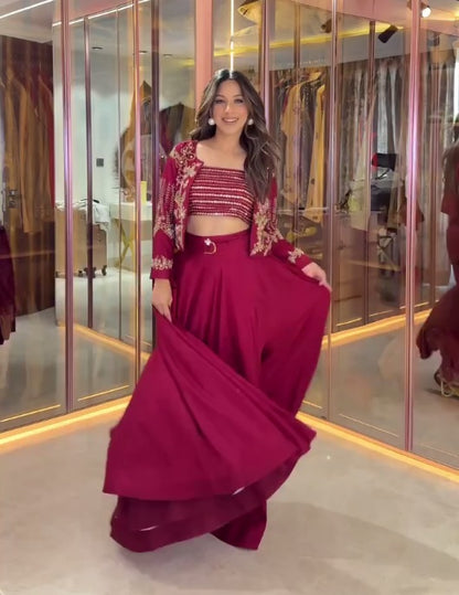 Maroon Color Silk Stitched Koti Style Lehenga Saree