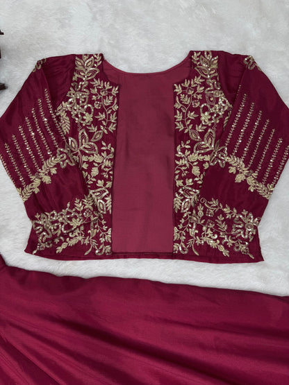 Maroon Color Silk Stitched Koti Style Lehenga Saree