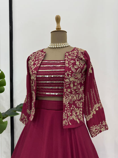 Maroon Color Silk Stitched Koti Style Lehenga Saree