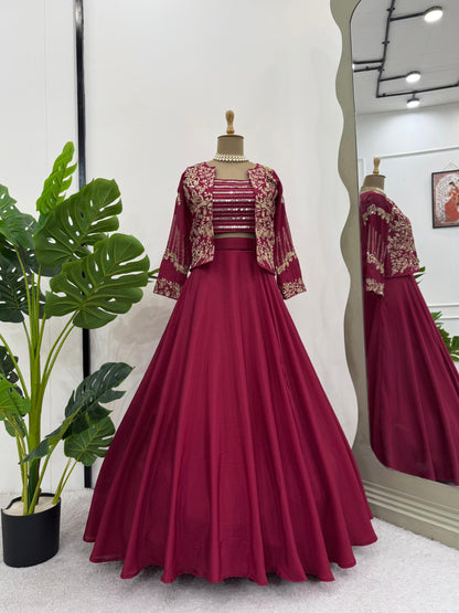 Maroon Color Silk Stitched Koti Style Lehenga Saree
