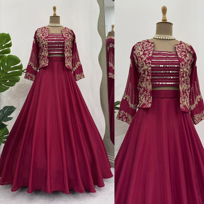 Maroon Color Silk Stitched Koti Style Lehenga Saree