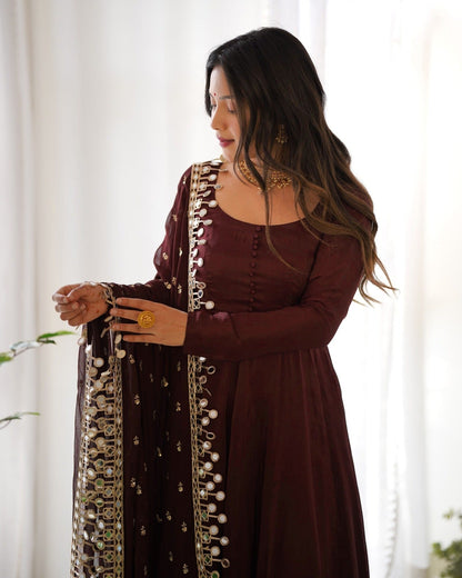 Coffee Brown Roman Silk Ready to Wear Kurta Set