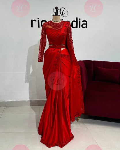 Satin Silk Red Color With Belt and Designer Blouse