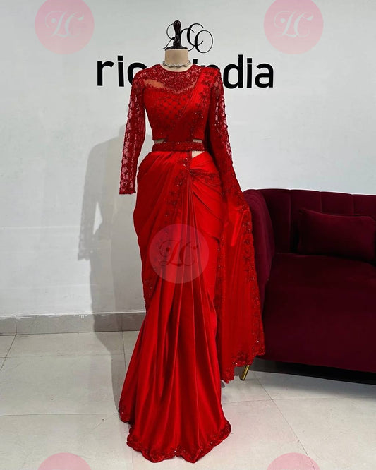 Satin Silk Red Color With Belt and Designer Blouse