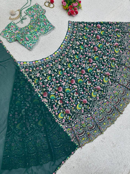 Wedding Wear Rama Color Georgette Heavy Embroidered Work Lehenga Choli