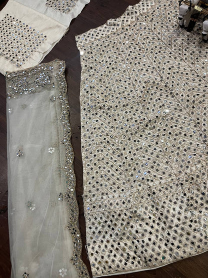 Classic Cream Color Satin Silk Real Mirror Embroidered Work Lehenga Chol