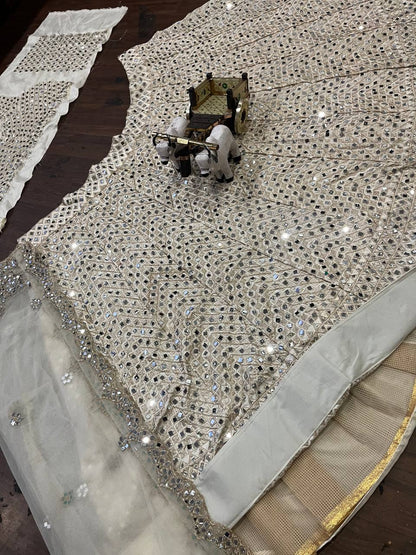 Classic Cream Color Satin Silk Real Mirror Embroidered Work Lehenga Chol