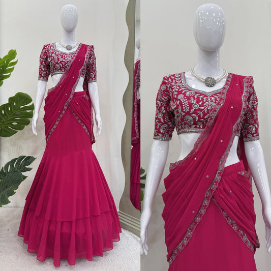 Ready-to-Wear Faux Georgette Lehenga Saree with Embroidered Choli