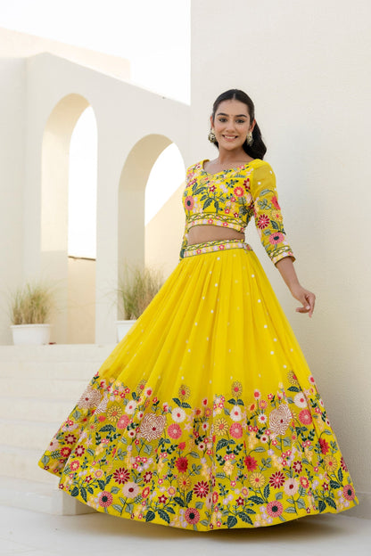 Lemon Yellow Colour Organza Heavy Floral Thread Sequins Wrok Lehenga Choli