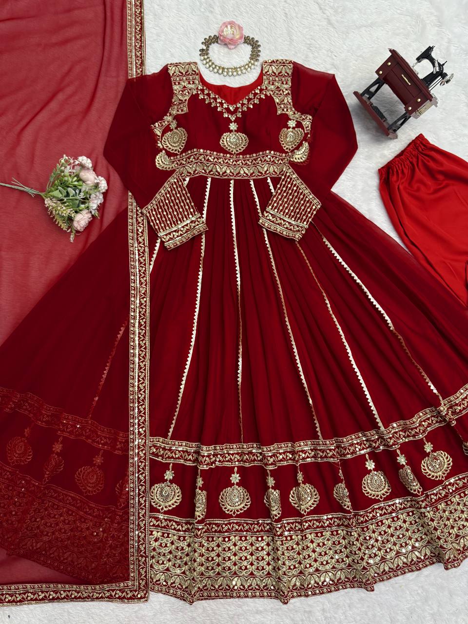 Maroon Color Fully Stitched 3 Piece Long Anarkali Suit Set