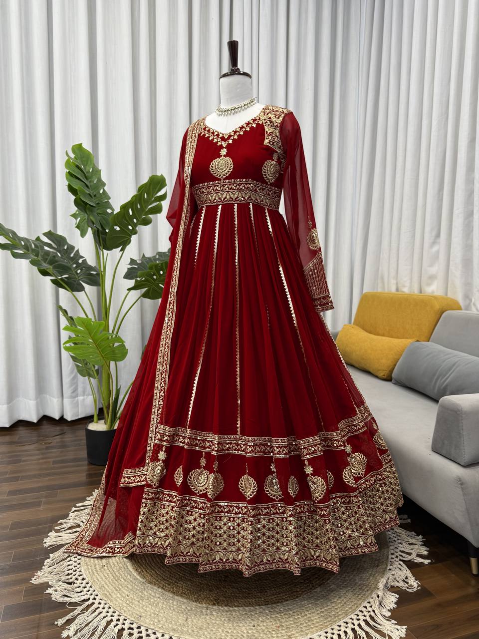 Maroon Color Fully Stitched 3 Piece Long Anarkali Suit Set