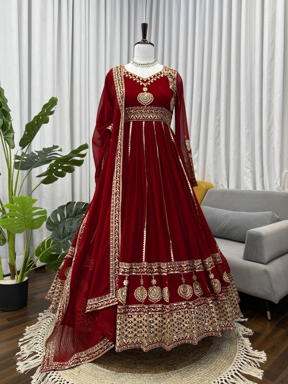 Maroon Color Fully Stitched 3 Piece Long Anarkali Suit Set